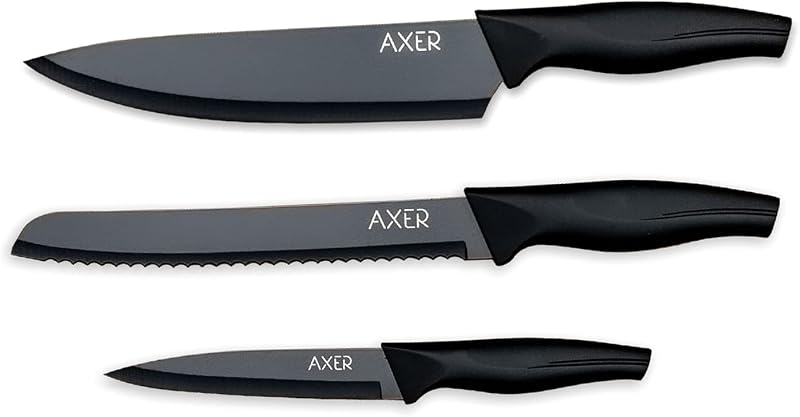Axer Set de Couteaux de cuisine Noirs 3 pièces - Set Couteau Cuisine Professionnel en Acier Inoxydable - Ultra