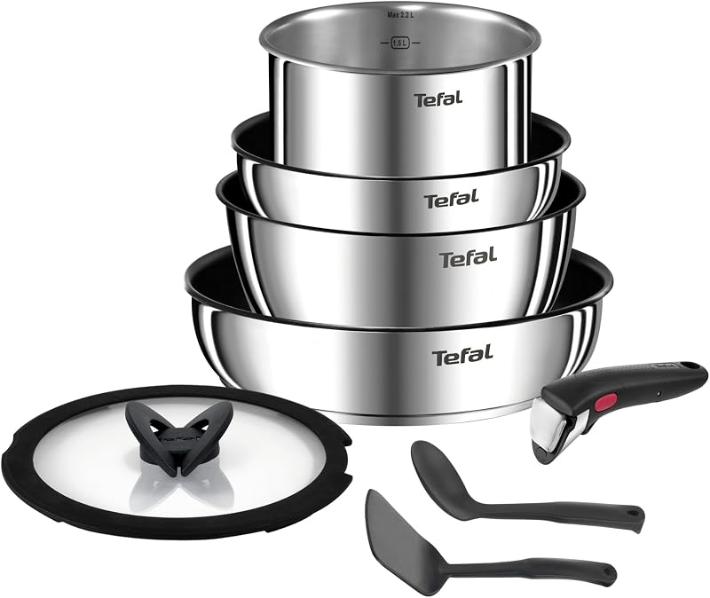 Tefal Ingenio 8-Piece Cookware Set, Frying Pans with Removable Handle, Induction, Stainless Steel, Non-Stick C