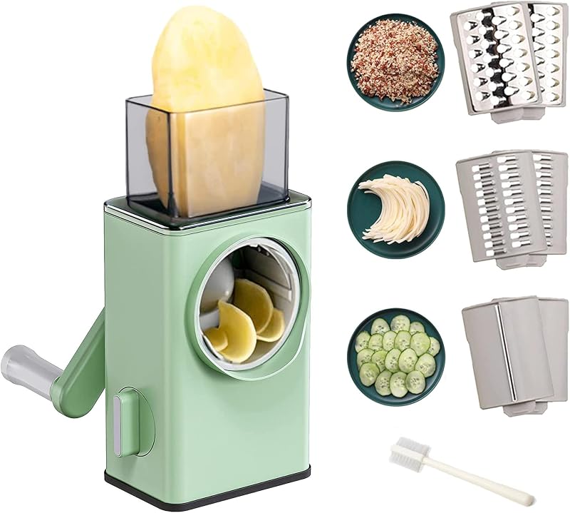 3 in 1 Vegetable Grater,Multifunctional Kitchen Mandolin Slicer Drum Slicer 3 Stainless Steel Blades Cheese Gr