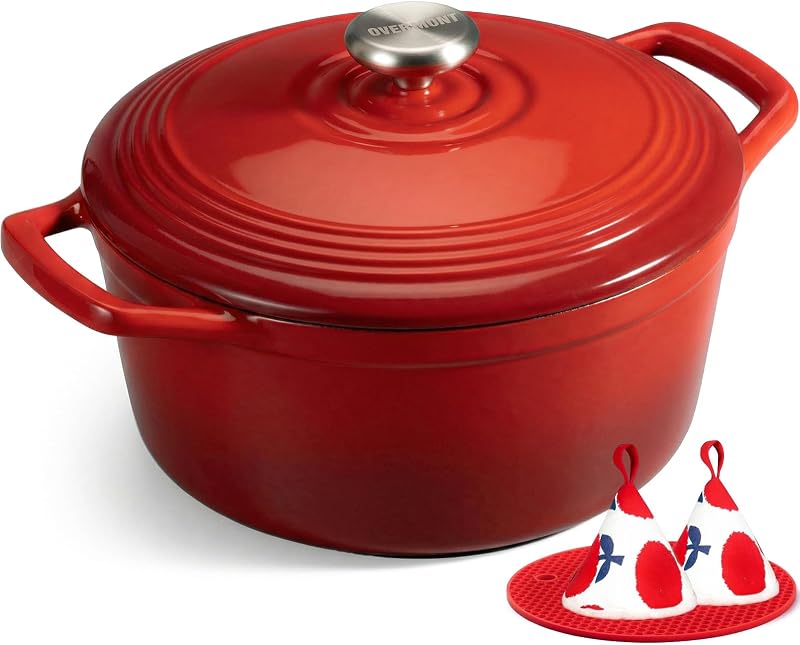 Overmont Enamelled Cast Iron Casserole Dish - Ø26cm Non Stick Saucepan with Lid and Cotton Pot Holders - Heavy