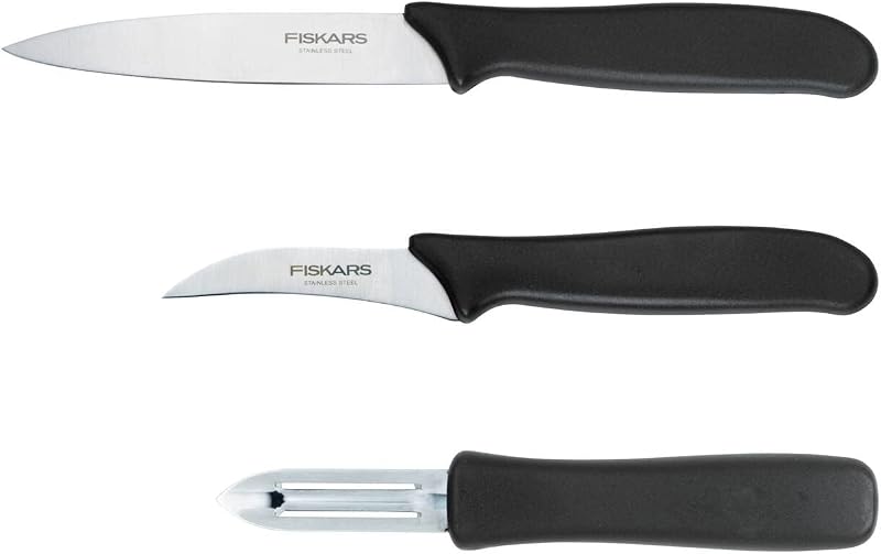 Fiskars Peeling Set, 3 Pieces: Paring Knife (11 cm), Vegetable Knife (7 cm), Peeler (7 cm), Essential, Stainle