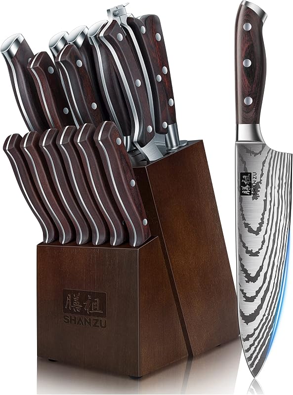 SHAN ZU Ensemble de couteaux, ensemble de 16 couteaux de cuisine en acier inoxydable allemand pour la cuisine