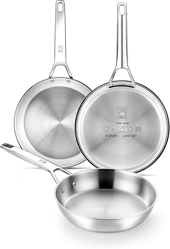 BRA Signature | Set of 3 Frying Pans Professional 18/10 Stainless Steel Without Non-Stick Coating, Triple Base