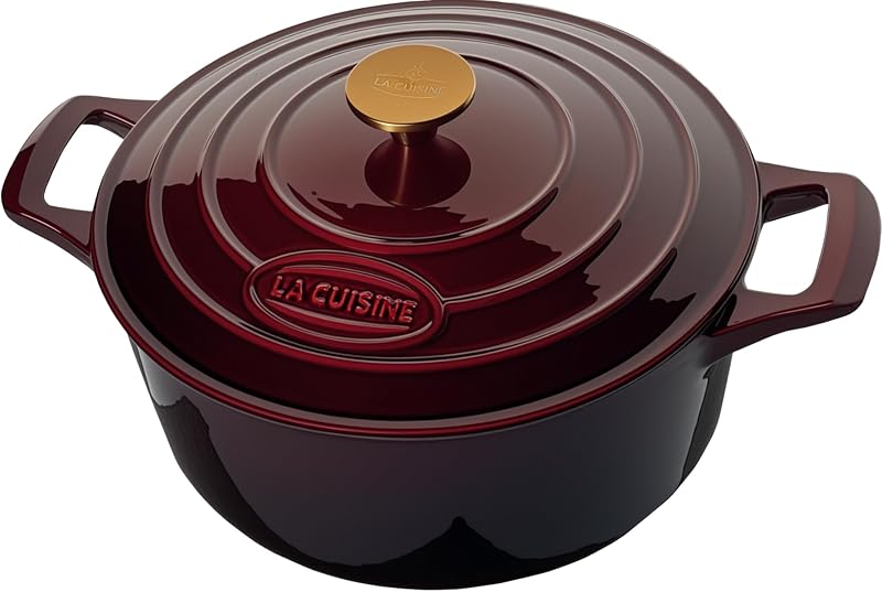 La Cuisine Enamelled Cast Iron Casserole Dish 28 cm Dia. 6.5 L. Internal coating in matt black enamel, cranber
