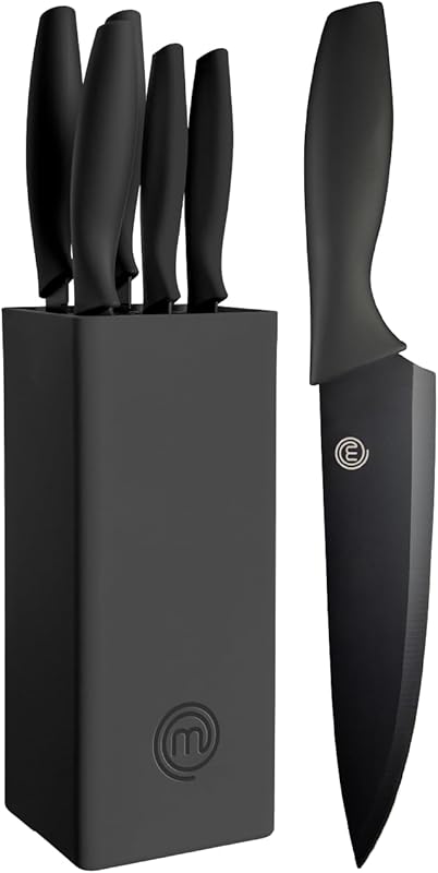 MasterChef Kitchen Knives with Block, Contains: Universal Paring Knife, Meat and Bread Knife, Chef's Knife, St