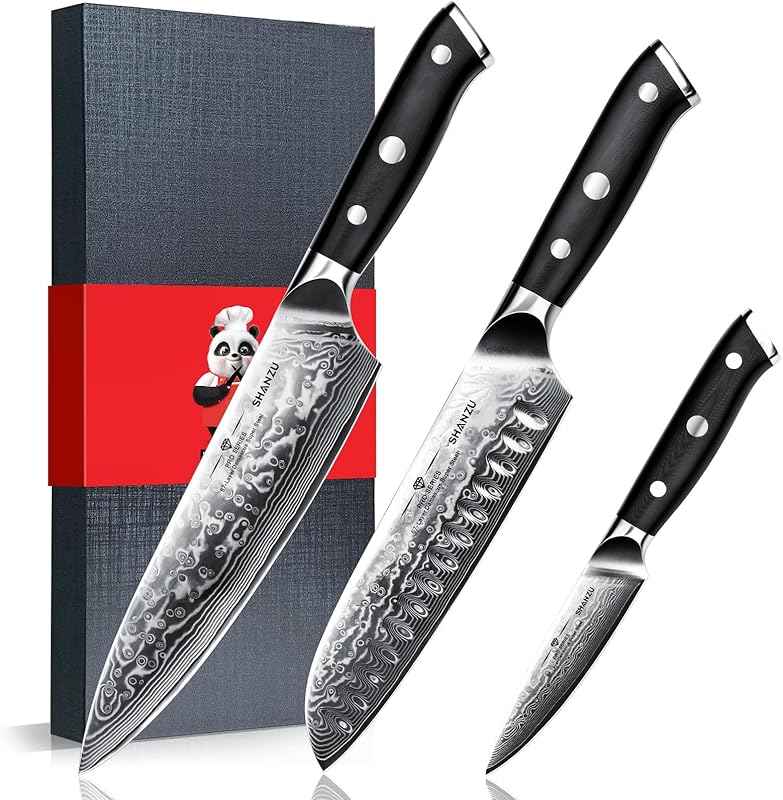 SHAN ZU Set of 3 Kitchen Knives, Japanese Damascus Knives | Scharfer Klinge aus 67 Lagen Damaststahl, kohlenst