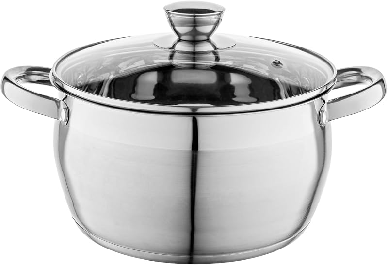 FLORINA Oliver Stainless Steel Saucepan (4.8 L) Diameter 22 cm Stainless Steel Saucepan with Glass Lid Saucepa