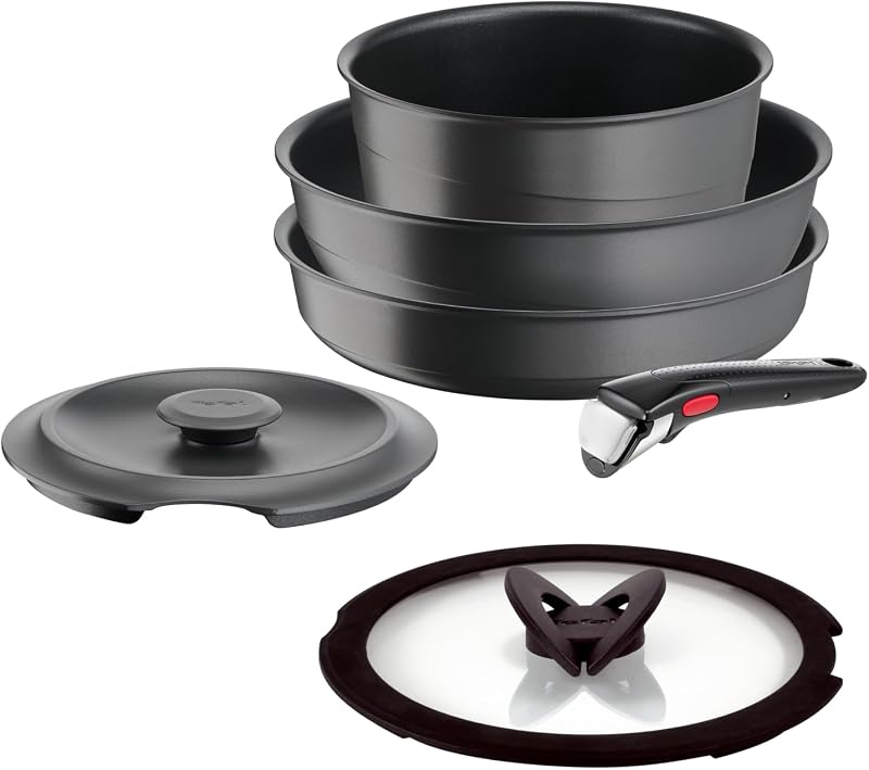 Tefal Ingenio Set of 6 Induction, Cast Aluminium, Frying Pan, Wok + Glass Lid, Casserole + Cast Iron Lid, Remo