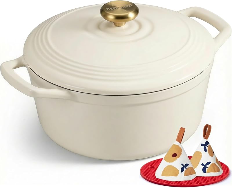 Overmont Enamelled Cast Iron Casserole Dish 26 cm, 5.2 L, Round Dutch Oven with Lid and Pot Holders for All Ho