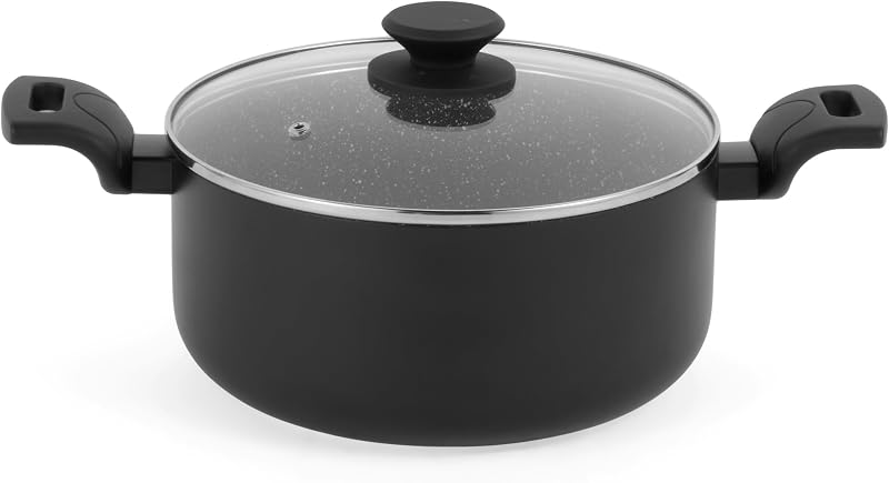 Progress 24 cm (2.76L) Tempered Aluminium Stock Pot with Tempered Glass Lid, Marbled Ceramic Non-Stick Coating