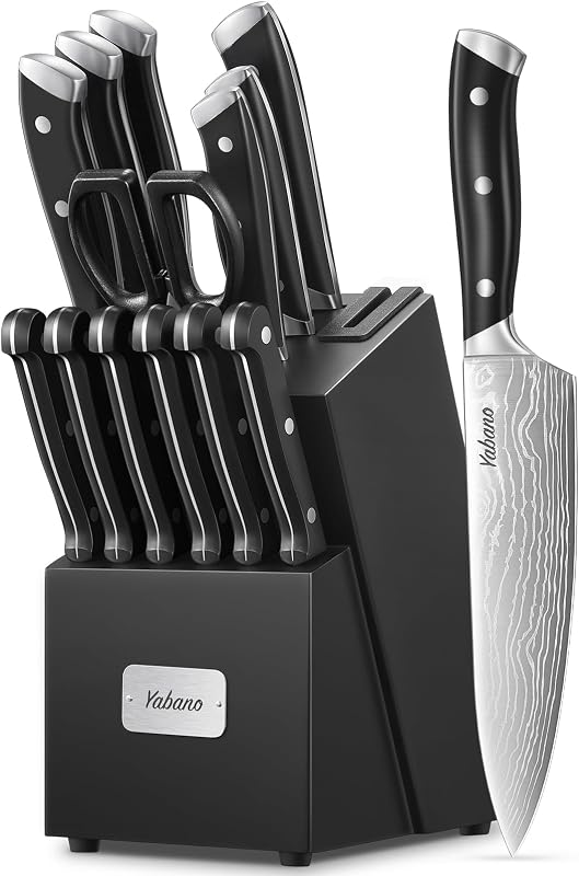 Yabano Kitchen Knife, 14 Piece Knife Block with Built-in Sharpener, Professional Stainless Steel Kitchen Knife