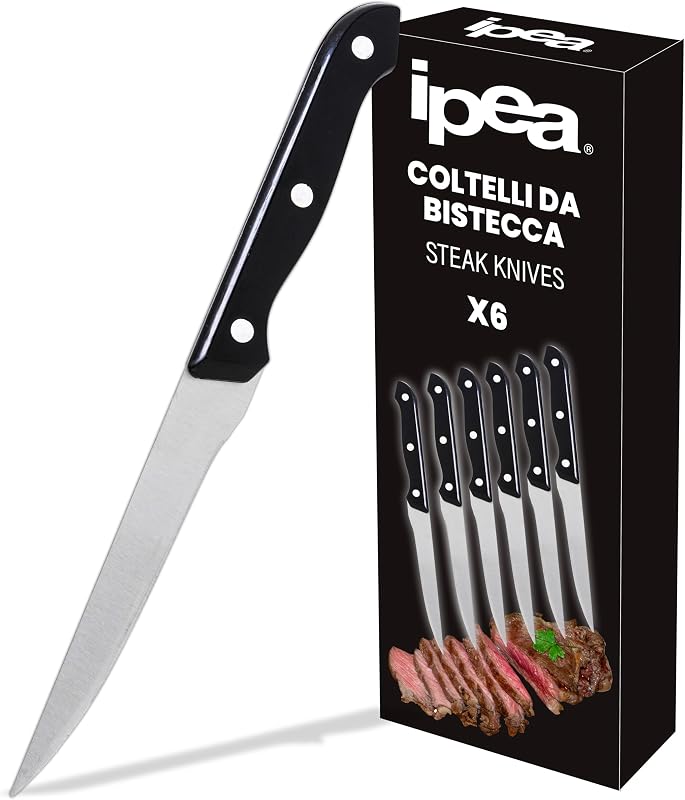 IPEA Steak Table Knives - Set of 6 - Sharp Knife with Smooth Blade Stainless Steel for Cutting Meat and Food f
