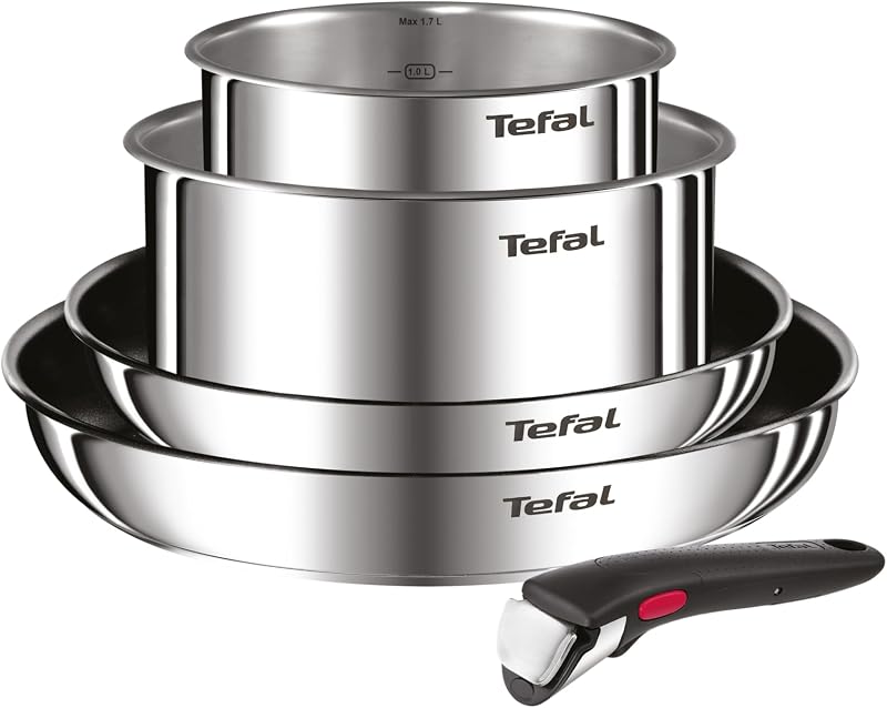 Tefal Ingenio L897S504 Set of 2 Frying Pans 2 Saucepans and Removable Handle, Induction, Stainless Steel, Stac