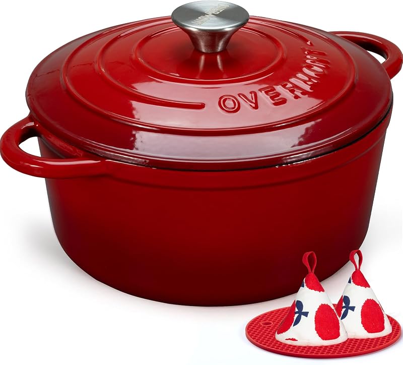 Overmont Enamelled Cast Iron Casserole Dish 28 cm, 6.6 L, Round Dutch Oven with Lid and Pot Holders for All Ho