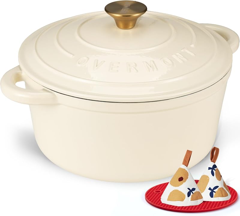Overmont Enamelled Cast Iron Casserole Dish 24 cm 4.3 L Round Dutch Oven with Lid and Pot Holders for All Heat