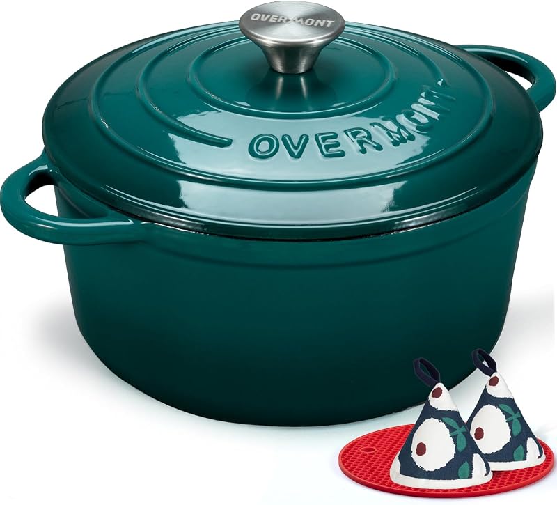 Overmont Enamelled Cast Iron Casserole Dish 28 cm, 6.6 L, Round Dutch Oven with Lid and Pot Holders for All Ho