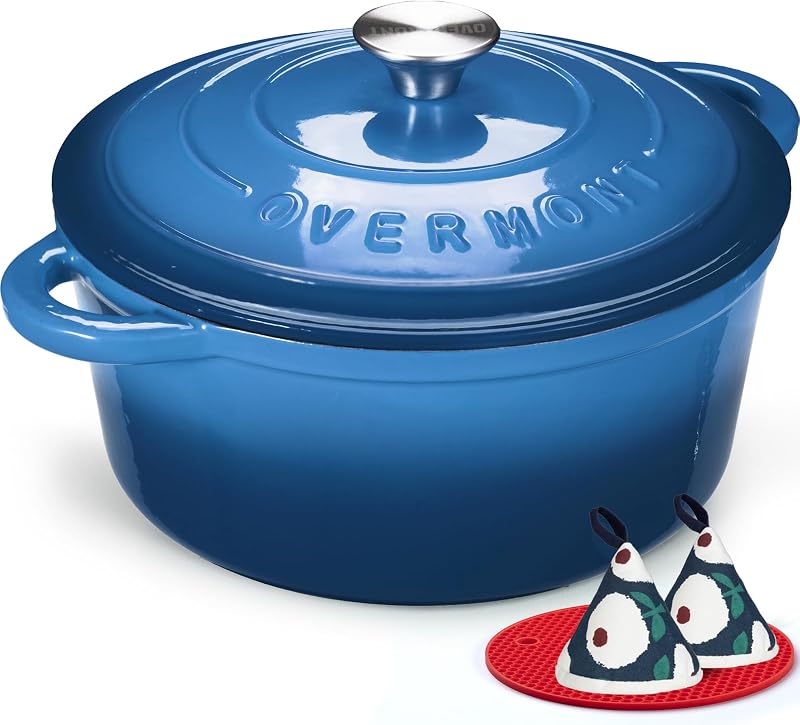 Overmont Enamelled Cast Iron Casserole Dish 28 cm, 6.6 L, Round Dutch Oven with Lid and Pot Holders for All Ho