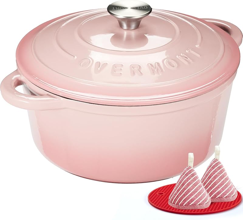 Overmont Enamelled Cast Iron Casserole Dish 28 cm, 6.6 L, Round Dutch Oven with Lid and Pot Holders for All Ho