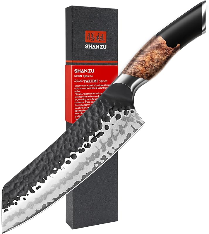 SHAN ZU Couteau Santoku Japonais Forgé à la Main, Couteau de Cuisine 18 cm
