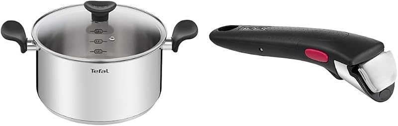 Tefal Casserole 24 cm (5 L) + Glass Lid, Induction, High Quality Stainless Steel & Ingenio Black Removable Han