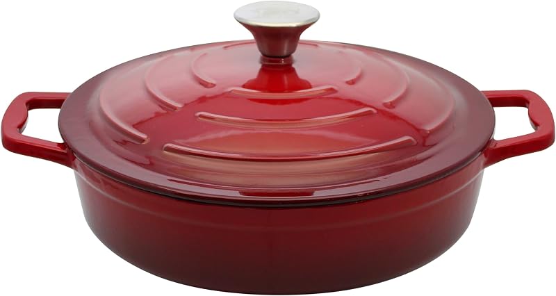Elo 3082826 Low Enamelled Cast Iron Casserole Non-Stick with Lid, Cherry Red, Oven Safe, All Heat Source, Indu