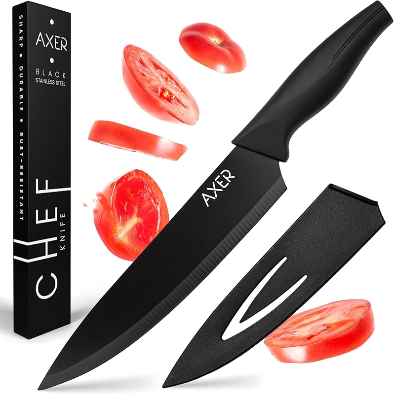 Axer le Couteau de Chef Professionnel 20 cm - Couteau de Cuisine Acier Inox Noir - Couteaux de Chef avec Etui 
