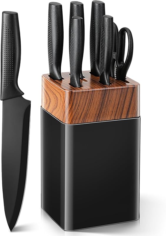 VINATO Kitchen Knife, 7 Piece Kitchen Knife Set with Block and Built-in Sharpener, Knife Block with 5 Differen
