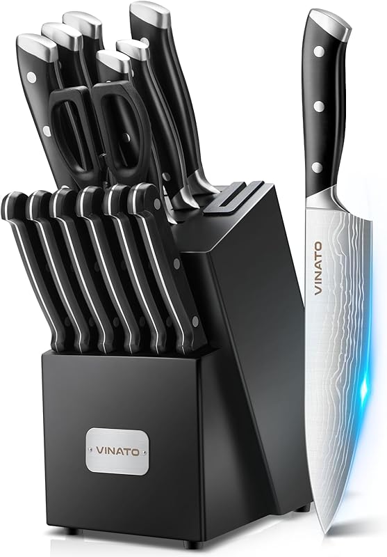 VINATO Kitchen Knife, 14 Piece Kitchen Knife Set with Sharpener, Kitchen Knife Set with Damask Optics, Knife B