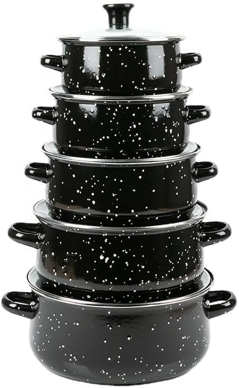 Herzberg HG04128 Enamelled Pot and Casserole Set, 10 Pieces, Black | Durable enamel, glass lids, comfortable h