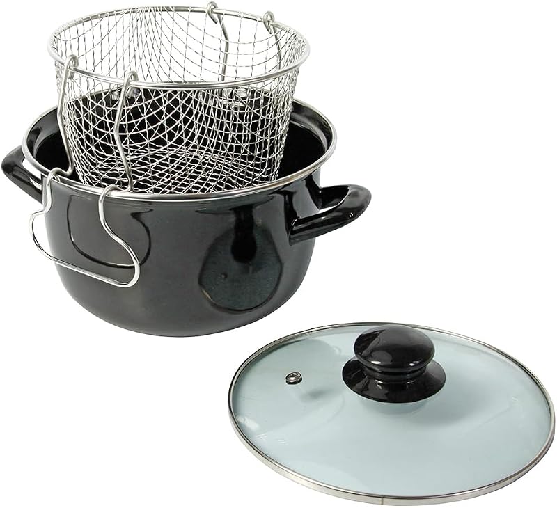 Crealys 545413 Traditional Deep Fryer Diameter 26 cm Enamelled Steel with Basket & Glass Lid – Old Fashioned C