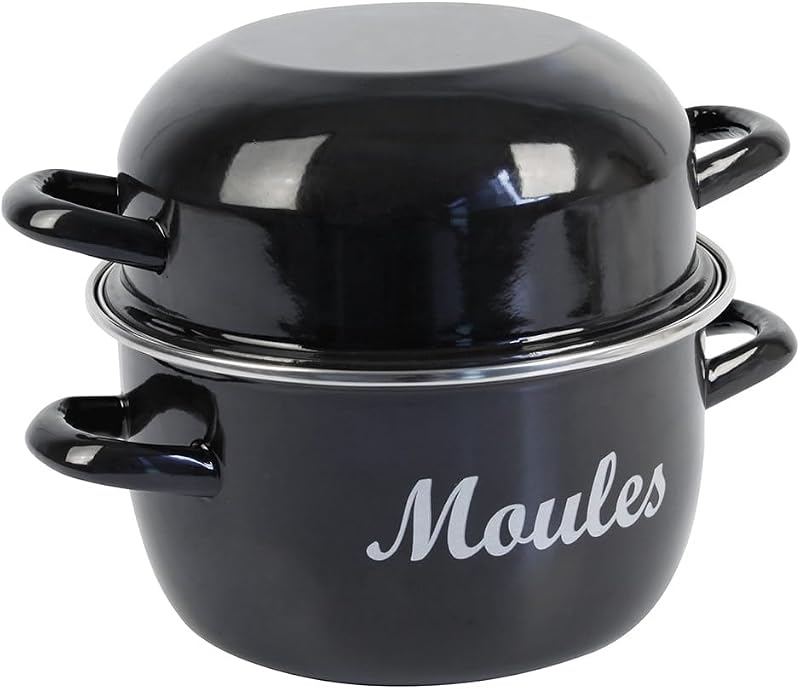 Crealys 545411 Traditional Mussel Pot Enamelled Steel Black Diameter 20 cm, 2.8 Litres – Pan for All Heat Sour