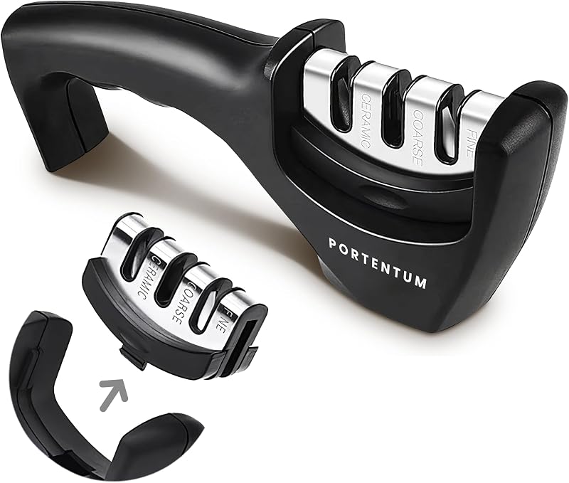 PORTENTUM Professional Manual Knife Sharpener for Kitchen Knives 3 Phase - Knife Sharpener with Ergonomic Desi