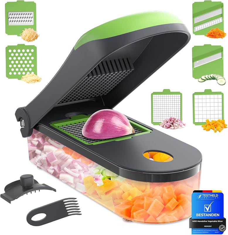 Ibergrif M521 Multi-Function 6-in-1 Vegetable Slicer | With 1200ml Tray, BPA Free, Stainless Steel Blades, Dis