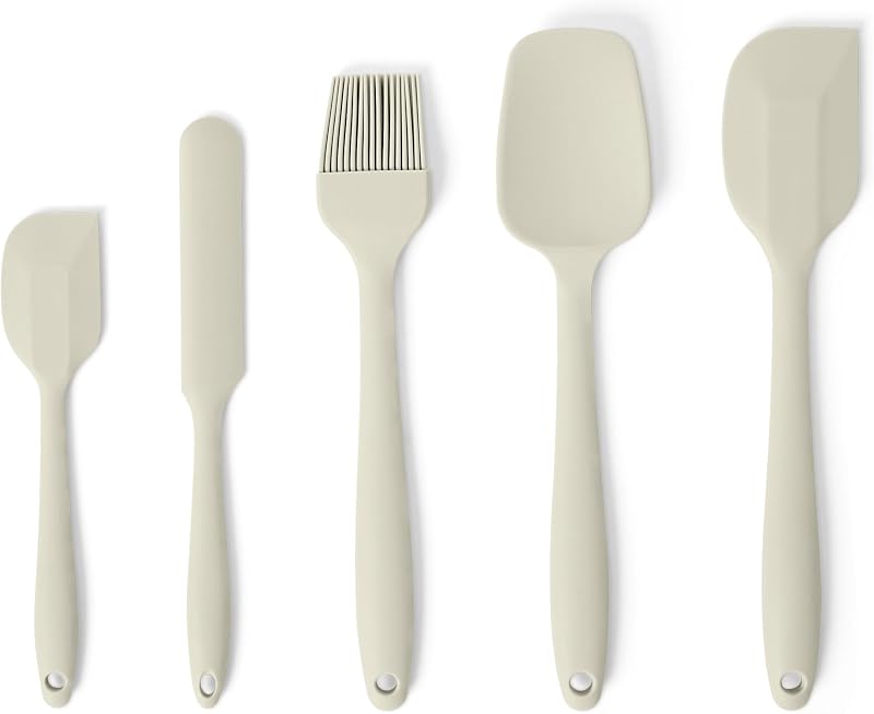 Amazon Basics Silicone Spatulas Set of 5, BPA Free, Heat Resistant, Dishwasher Safe, Linen Grey