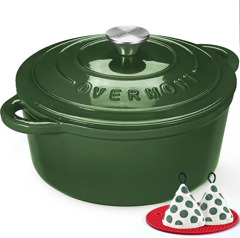 Overmont Enamelled Cast Iron Casserole Dish 26 cm, 5.2 L, Round Dutch Oven with Lid and Pot Holders for All Ho