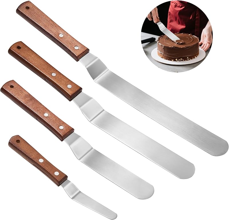 4 x Angled Pastry Spatula, Stainless Steel Kitchen Spatula with Wooden Handle, Ideal for Cakes, Pancakes, Smoo