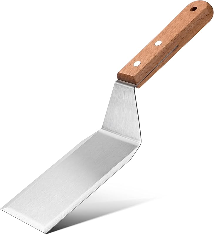 Stainless Steel Spatula with Wooden Handle, 11 x 6.8 cm, Metal Spatula for Kitchen, Pancakes, Plancha, Pizza,
