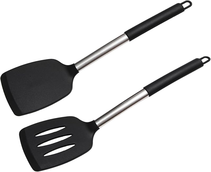 Silicone Kitchen Spatula, Set of 2 Silicone Spatulas with Stainless Steel Handle, Heat Resistant Angled Spatul