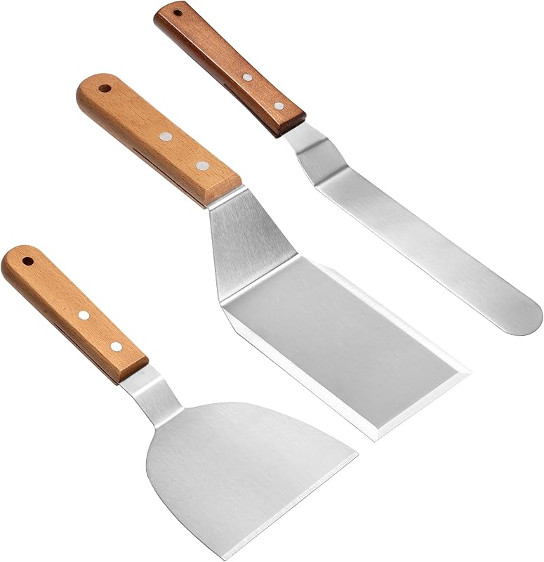 Elalove Set of 3 Professional Plancha Spatulas with Wooden Handle - Stainless Steel Steak Spatula 26 cm with S