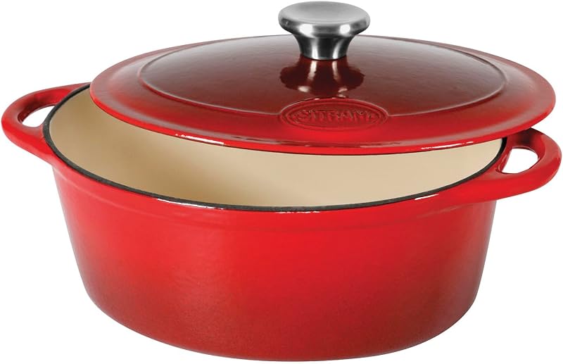 Sitram 717175 Oval Enamelled Cast Steel Casserole 6.5 L (33 cm) - Cream White Enamel Interior & Red Exterior -