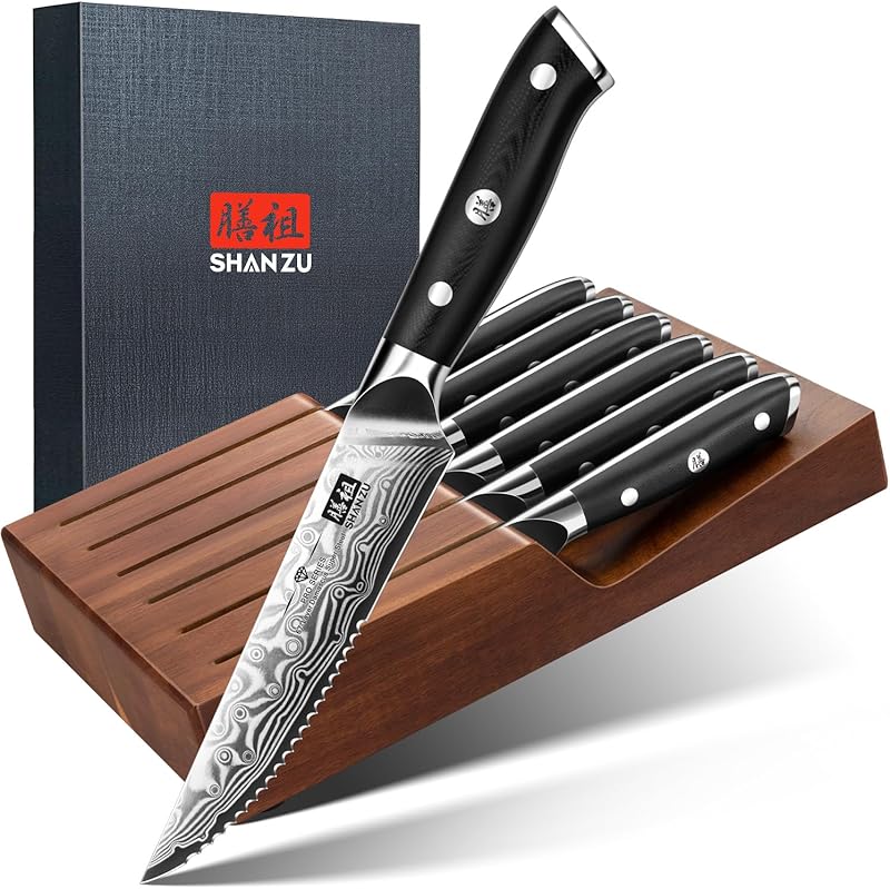 SHAN ZU Set of 6 Damascus Steak Knives with Block, Serrated Table Knives | 11 cm scharfer Klinge aus 67 Lagen