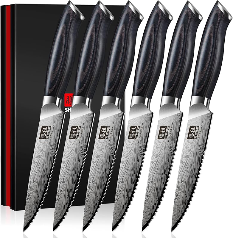 SHAN ZU Couteaux à Steak Japonais 6 Pièces en Acier Poudré 63 HRC, Set Couteaux de Table de Cuisine Profession