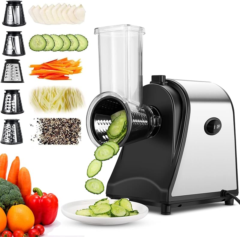 COOCHEER 5-in-1 Electric Vegetable Slicer 250W - Stainless Steel | Pro kitchen mandolin with 5 cones. Perfect 