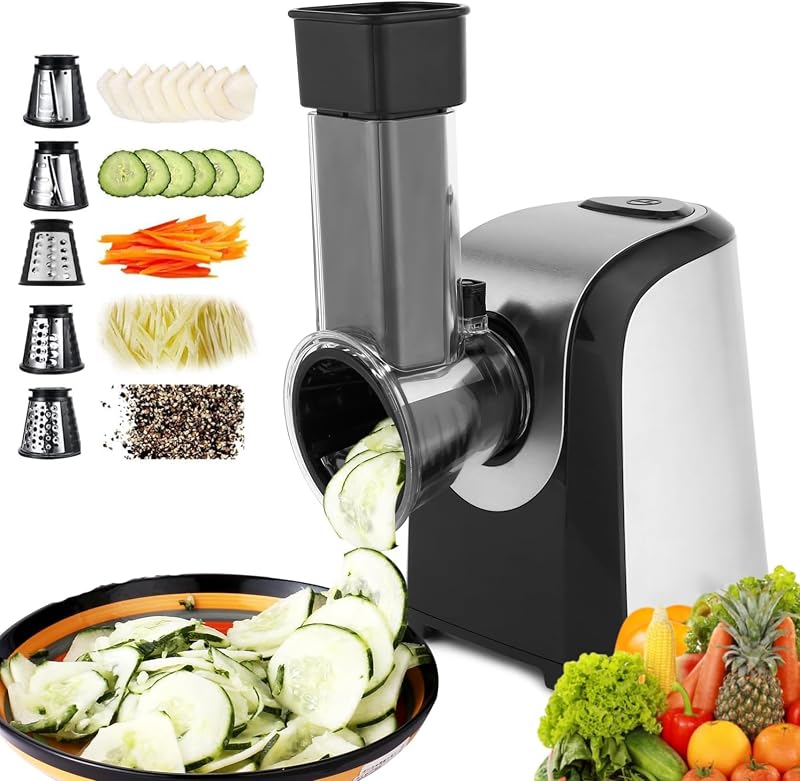 150W Professional Electric Mandolin Mandolin, 5 in 1 Stainless Steel Mandolin with 5 Cutting Drums for Fruit,