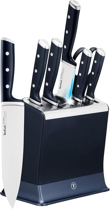 Tefal EverSharp 6 Piece Knife Set, Knife Block with Integrated Sharpeners, 5 Knives, Scissors, Durable Sharp,