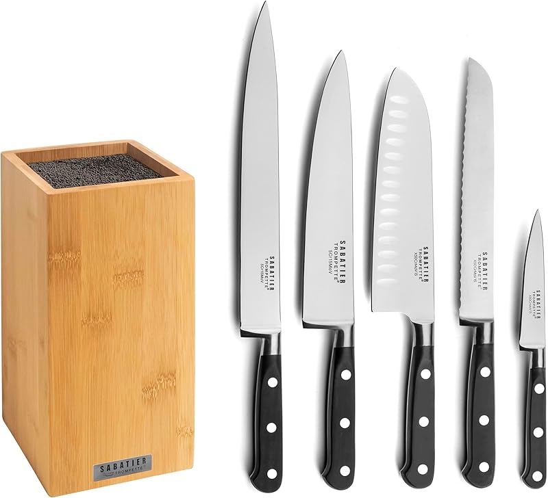 SABATIER TROMPETTE - 5 Piece Kitchen Knife Block - Origin - 5Cr15MoV Steel - Satin Finish - 26 x 15.5 cm - Bla