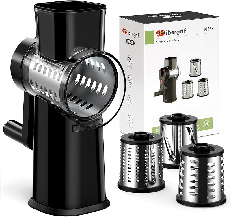 Ibergrif M527 Rotary Cheese Grater, Manual Vegetable Cutter 3 Blades | With Suction Cup, BPA Free, Stainless S
