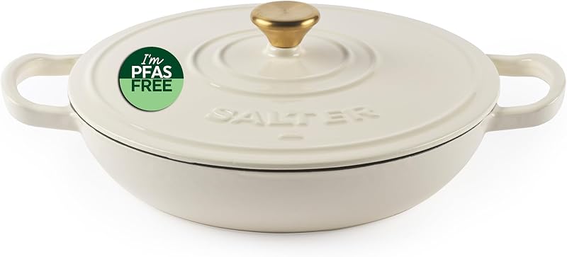 Salter Chester 30 cm 2.8 Litre Cast Iron Dutch Oven, Cream | Enamelled finish, self-watering lid, oven up to 2