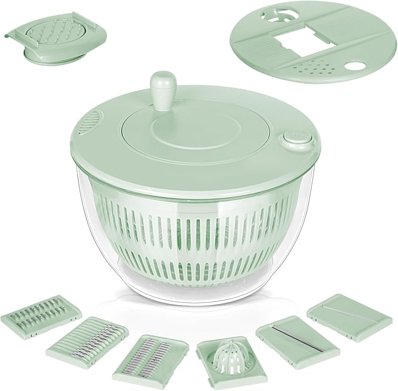 VINATO Salad spinner and salad spinner 4.5 L – Washing, spinning, cutting. Multifunctional mandolin with 5 bla