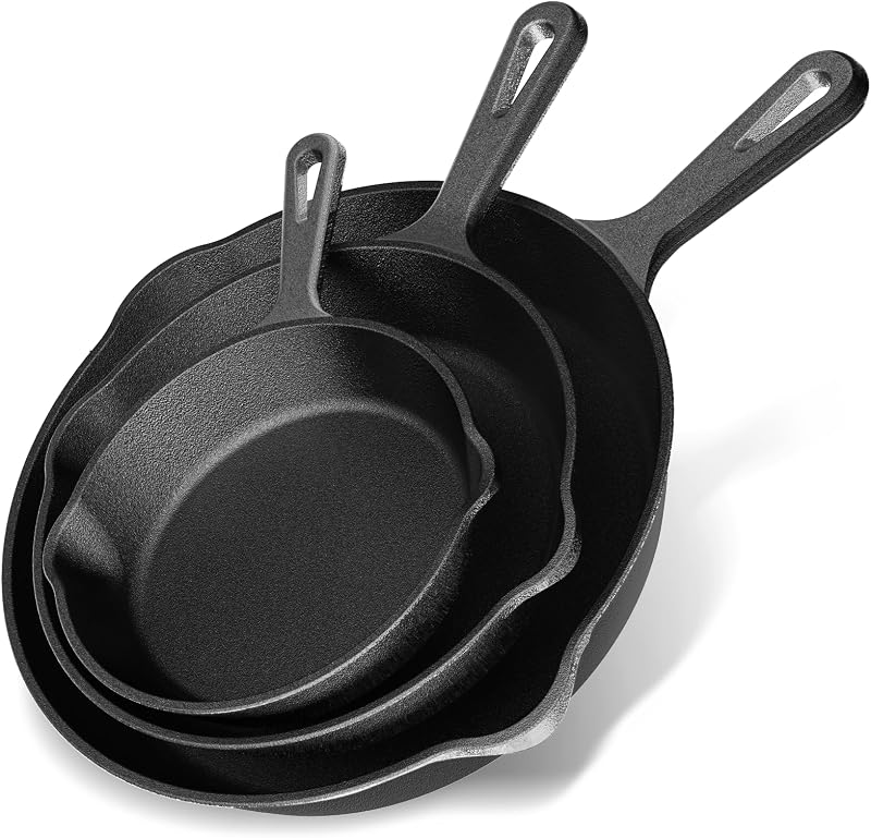 YASHE Cast Iron Frying Pans Set of 3 Heavy Duty Durable Pre-Use Frying Pans Suitable for All Heat Sources Incl